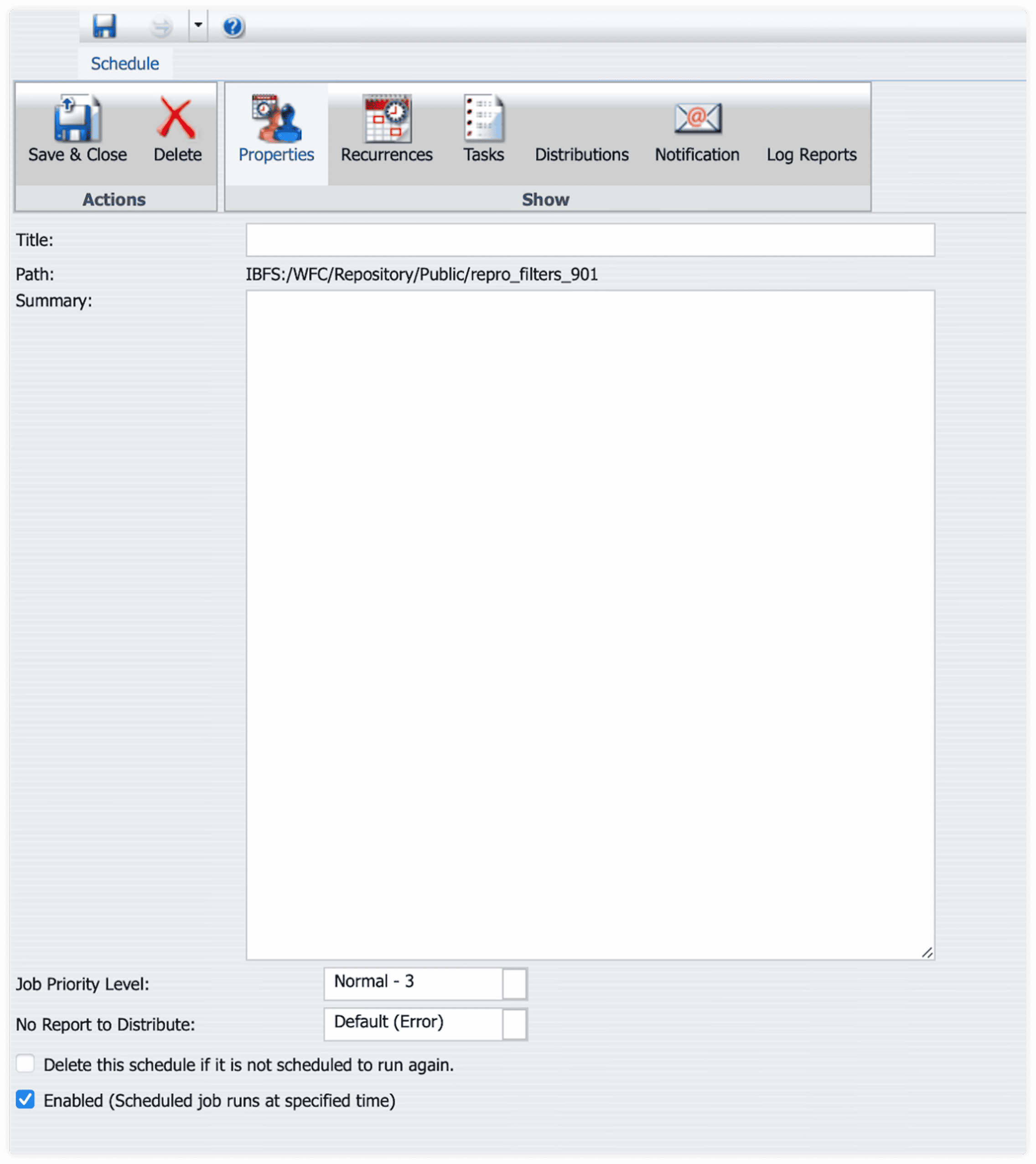 Legacy Schedule Dialog Properties